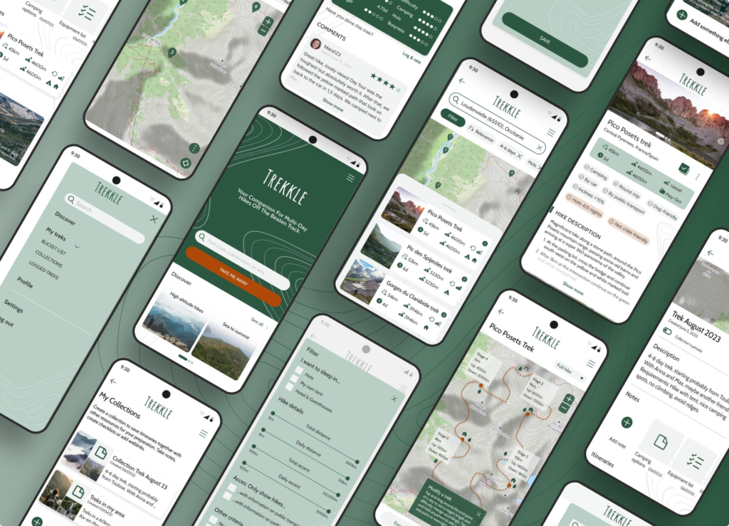 An image of mobile app screens for the project "Trekkle"